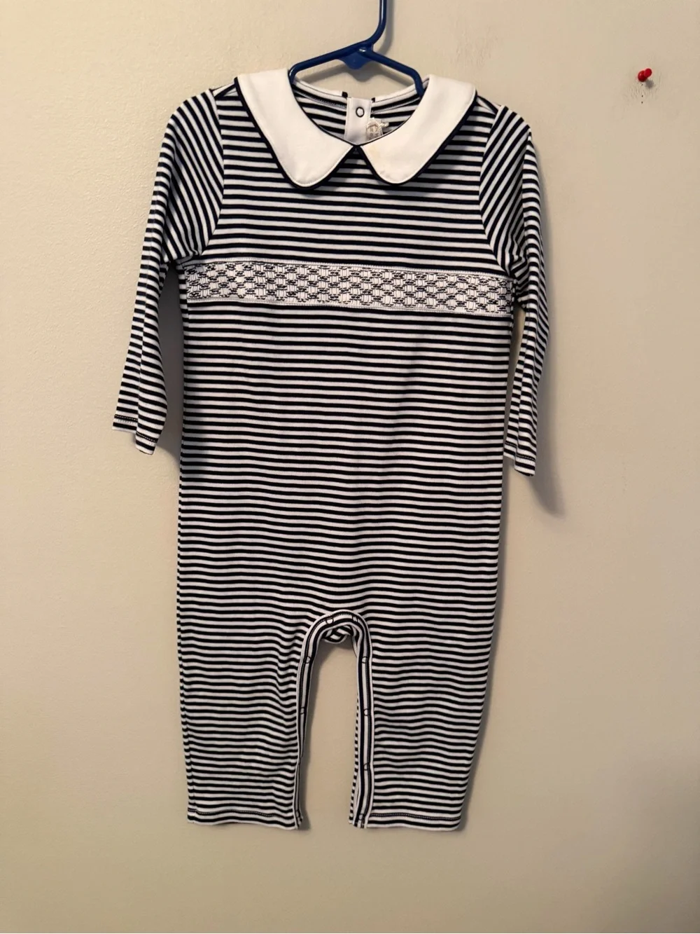 The Beaufort Bonnet Navy & White Striped One-Piece with Peter Pan Collar Romper